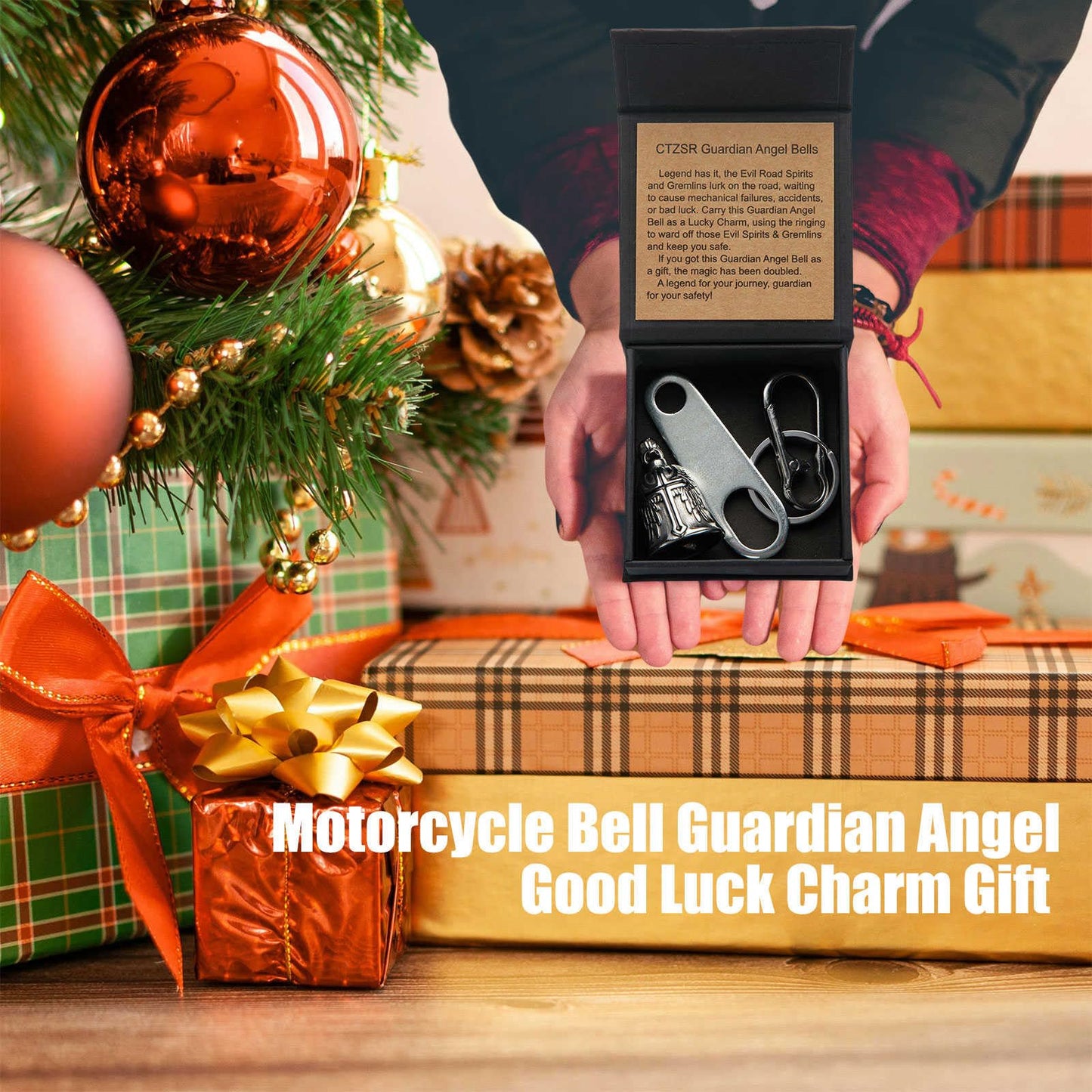 CTZSR Motorcycle Bell Guardian Angel - Good Luck Charm Gift For Rider Men Kids Friends With Gift Box, Legend Card, Keychain And Hanger & Weather-resistant Gremlin Bells For Motorcycle Bike (Black)