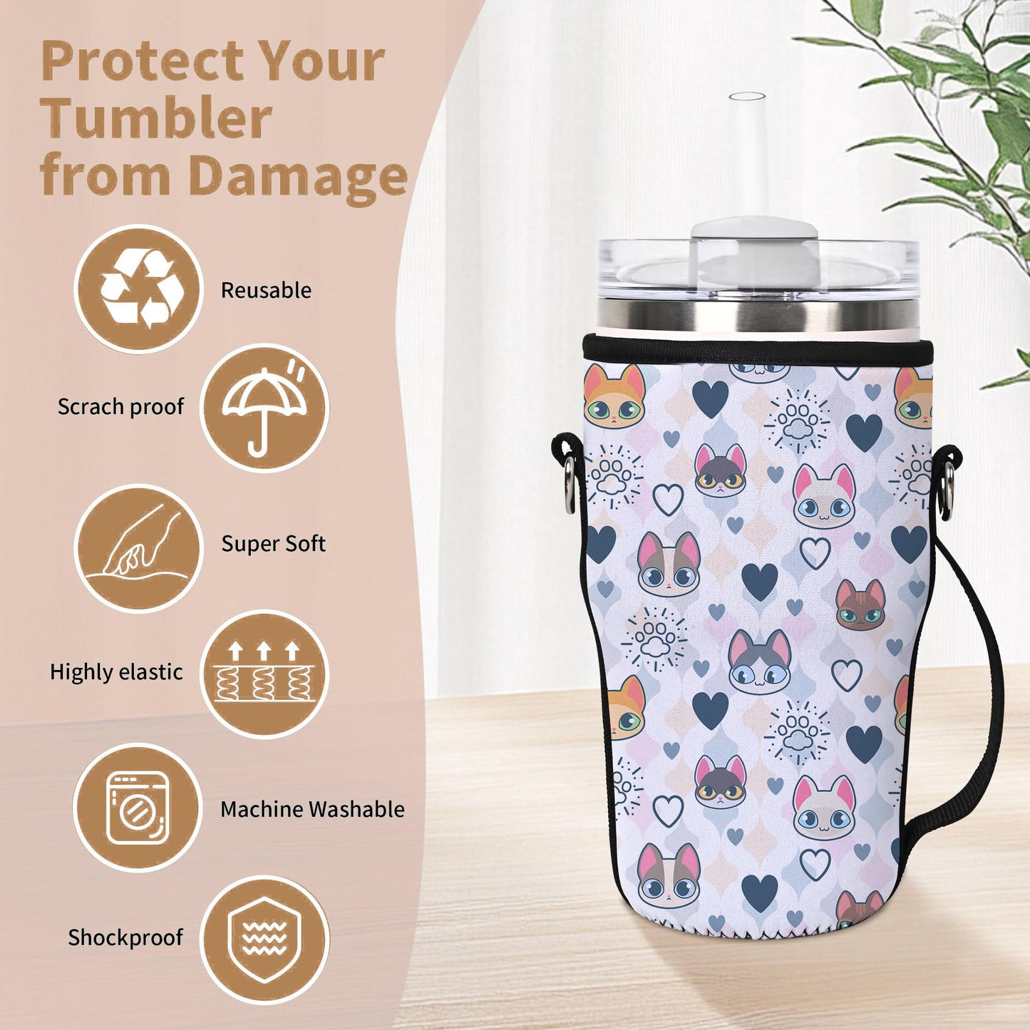 AUPET Water Bottle Holder Carrier Bag fit for 30/20 /14 oz Stanley Flowstate IceFlow Yeti Tumbler,Cup Accessories Sleeve Sling with Phone Pouch & Strap (Cute cat Heart, fit for Tumbler 20oz)
