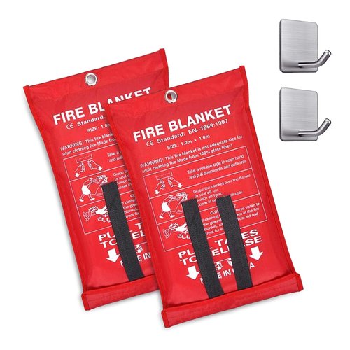 Emergency Fire Blanket 40" x 40" and Hooks - 2 Pack - Fire Suppression Blanket, Fiberglass - Flame Retardant for Kitchen, Home, and Office
