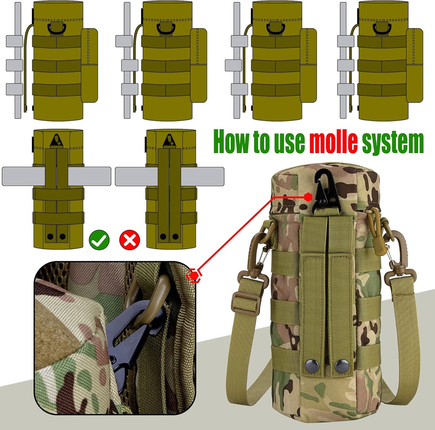 IronSeals Tactical Molle Water Bottle Holder Pouch Hydration Carrier Bag with Detachable Shoulder Strap