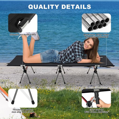 PACOONE 2-in-1 Ultralight Folding Camping Cot with Leg Extenders, Military Camping Cots Bed, Heavy Duty Folding Sleeping Camping Cot for Backpacking Hiking Travel Tent, Support 330 Lbs(Black)