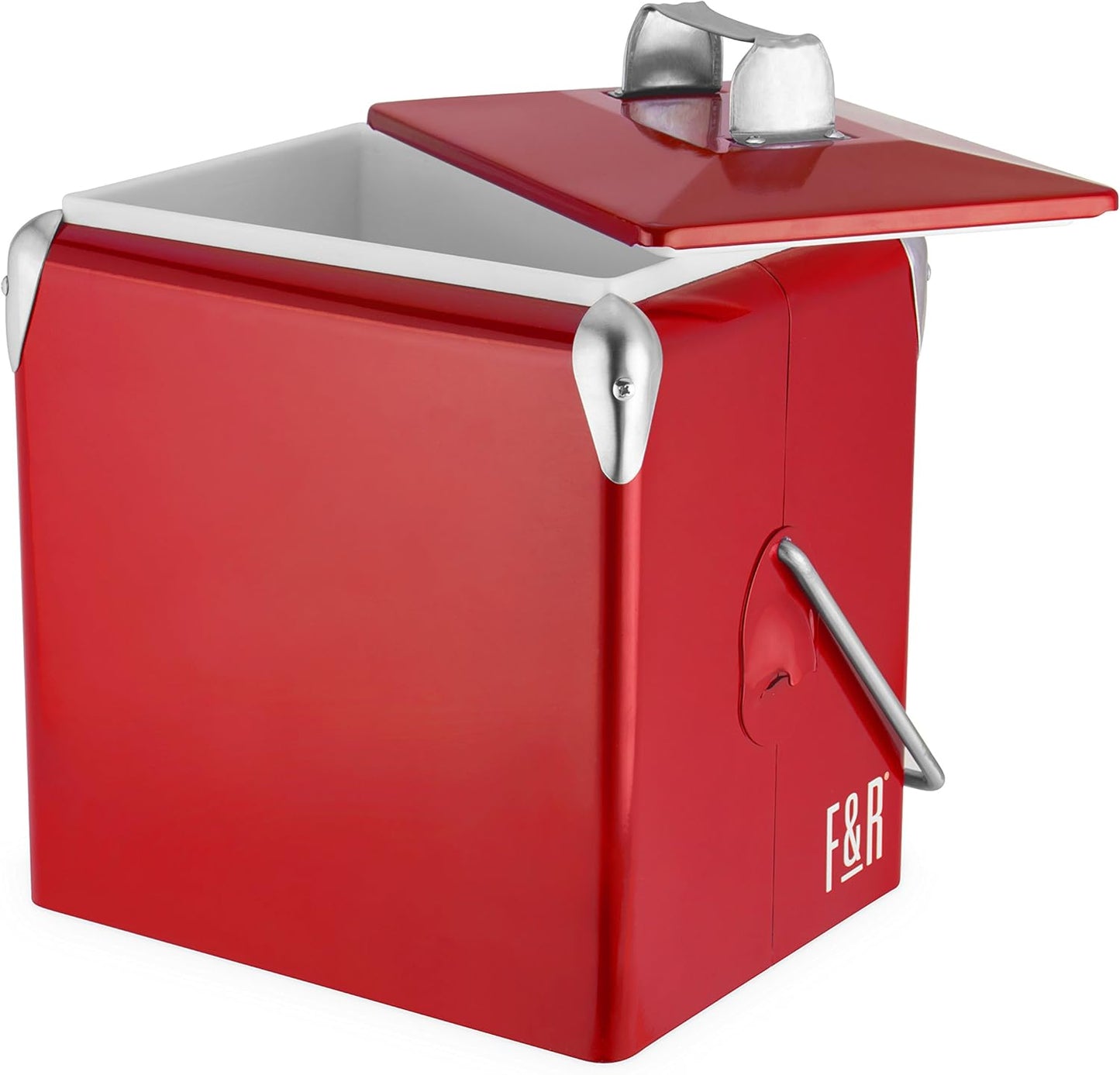 Foster & Rye Stainless Steel Retro Cooler, Vintage Metal cooler, Antique Beverage Chiller and Ice Chest, Plastic Lined Drink Chest, Mounted Bottle Opener, Holds a 6-pack, Red