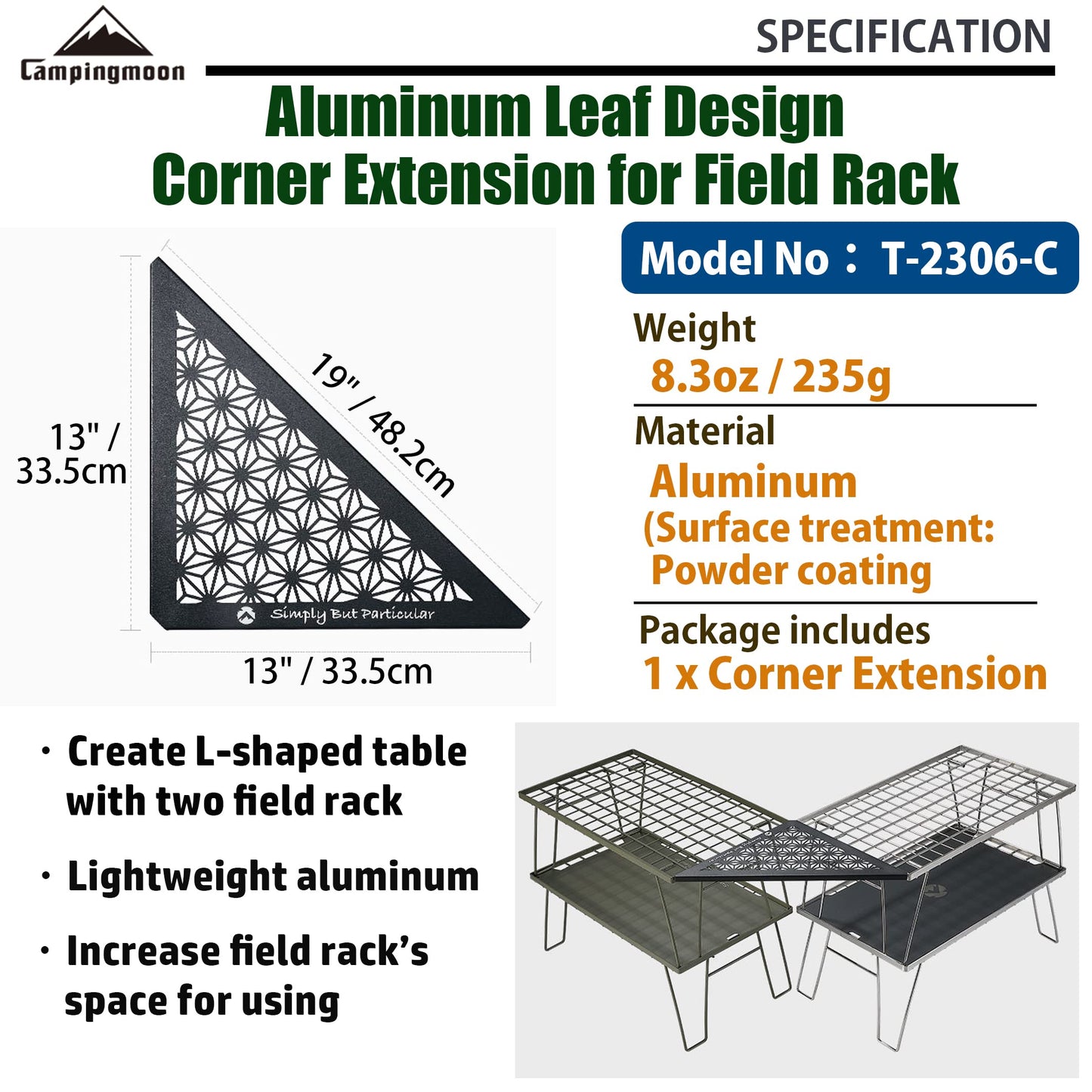 camping moon Corner Extension for Field Rack Aluminum Leaf Design Black T-2306-C