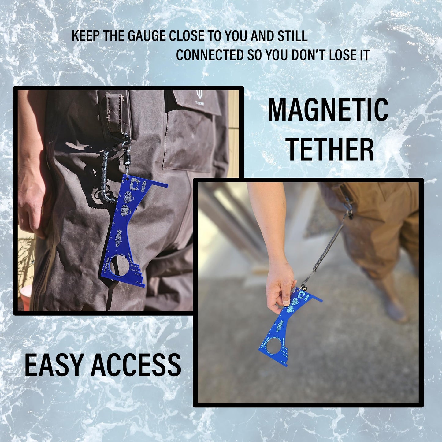 Fishernomics Crab Gauge - Blue & Silver Crab Ruler, Measuring Tool for Dungeness Crab, Rock Crab and Blue Crab with Strong Magnetic Clip Holder and Retractable Coiled Lanyard Carabiner
