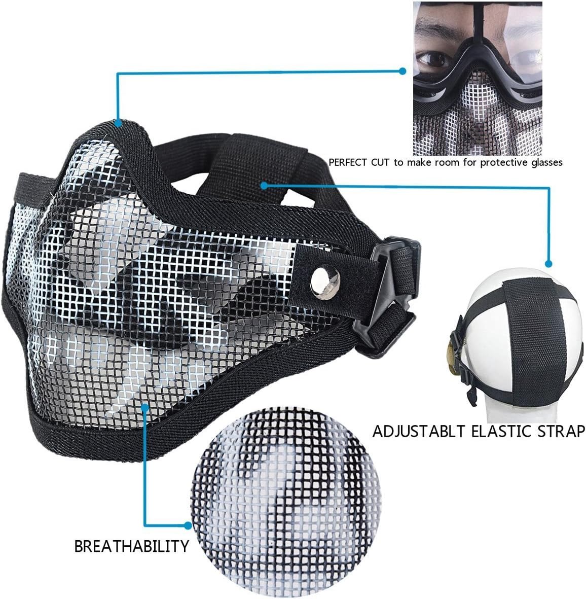 Airsoft Mask and Goggles - Airsoft Half Lower Face Mask Steel Metal Mesh for BB Gun/CS Game/Paintball/Shooting/Cosplay - Anti-UV Adjustable Combat Tactical Military Goggles for Men Women Kids