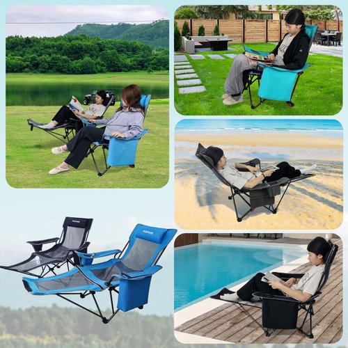 POEPORE Reclining Camping Chair 4 Position with Foot Rest Comfortable for Adults 265Ibs Folding Lounger Mesh Beach Chair with Cooler Bag,Cotton Cushion and Cup Holder for Outdoor Patio