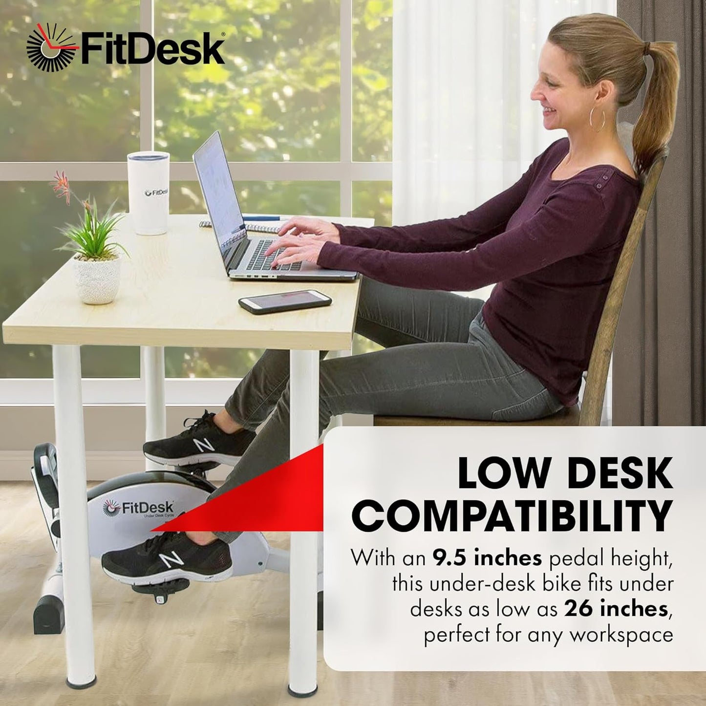 FitDesk Under Desk Bike Exercise Machine, Compact Magnetic Pedal Exerciser, Mini Elliptical, Quiet Seated Cardio Trainer for Home Office Workouts, Adjustable Resistance Bike for Desk Fitness