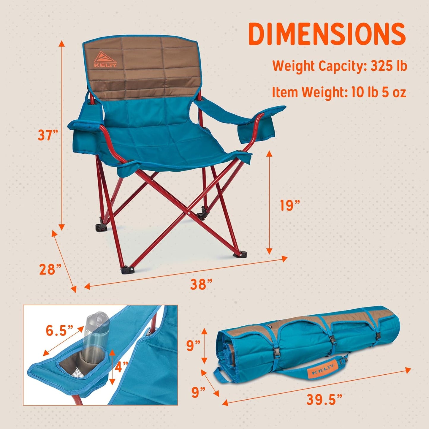 Kelty Deluxe Lounge Chair – Folding Outdoor Camp Chair, Insulated Cupholders, Customized Recline, Steel Frame, Padded Roll Storage, 2024 (Deep Lake)