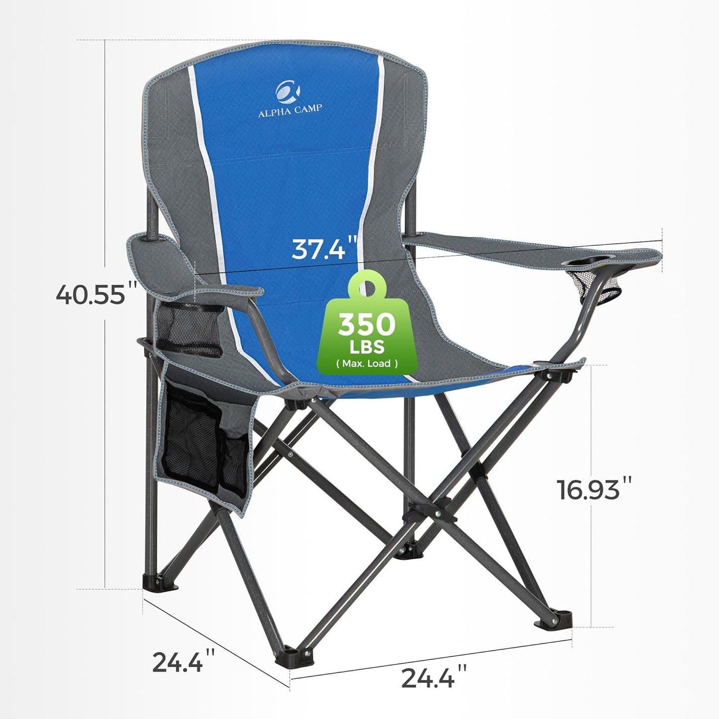 ALPHA CAMP Oversized Camping Folding Chair - Heavy Duty Steel Frame Support 350 LBS, Collapsible Padded Arm With Cup Holder, Quad Lumbar Back, Portable for Outdoor/Indoor