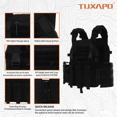 Tuxapo Tactical Molle Vests with Triple mag Pouch and Side Cummerbund Pouches, Quick Release Vests for Men