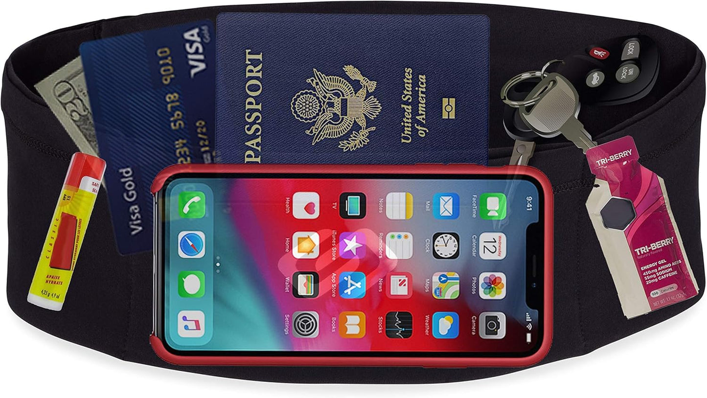 Sporteer VersaSlim Running Belt, Travel Money and Passport Belt, Workout Waist Pack for Smartphones and Personal Items (Black, Medium)