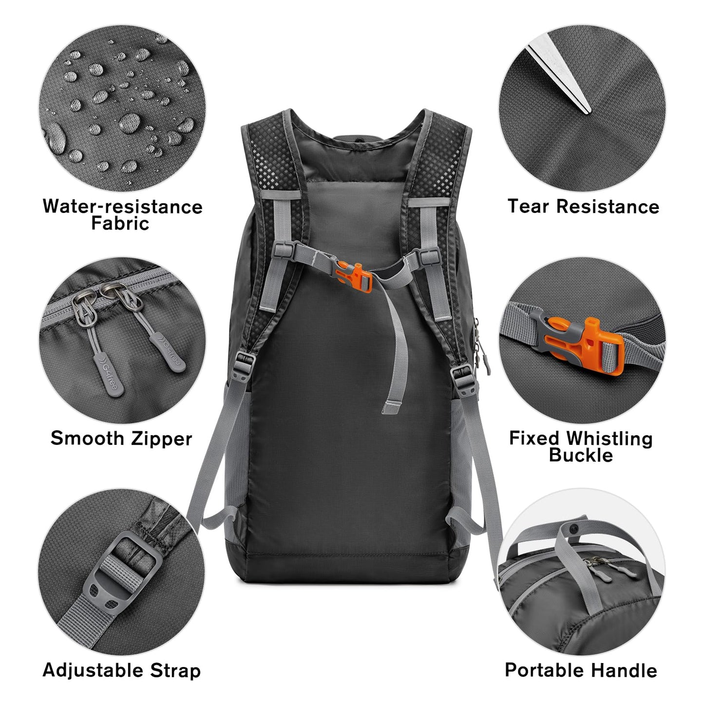 G4Free 25L Lightweight Hiking Backpack Packable Foldable Sport Travel Daypack Water Resistant for Women Men（Black）