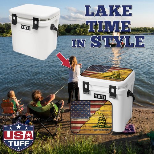 USATuff Vinyl Cooler Lid Kit Compatible with YETI 24 qt Roadie | Easy Peel & Stick Application Cooler Skin Decal Wrap | Durable Pre-Cut Pieces | Made for Outdoor Use - Gadsden Don't Tread Split
