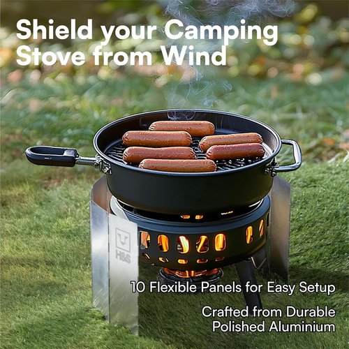 H&S Foldable Camping Stove Windscreen, 10 Aluminum Plates, Windshield with Carrying Case for Outdoor Camping