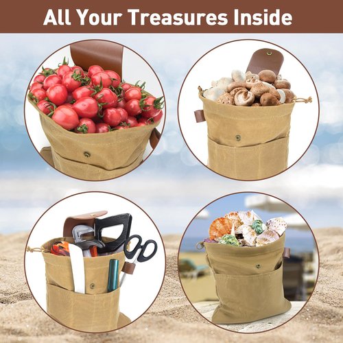 TIEFUMYO Foraging Bag Waxed Canvas Outdoor Camping Foraging Pouch Water Resistant Collapsible Brown Mushroom Bushcraft Belt Tool Bag for Travel Hiking Backpacking