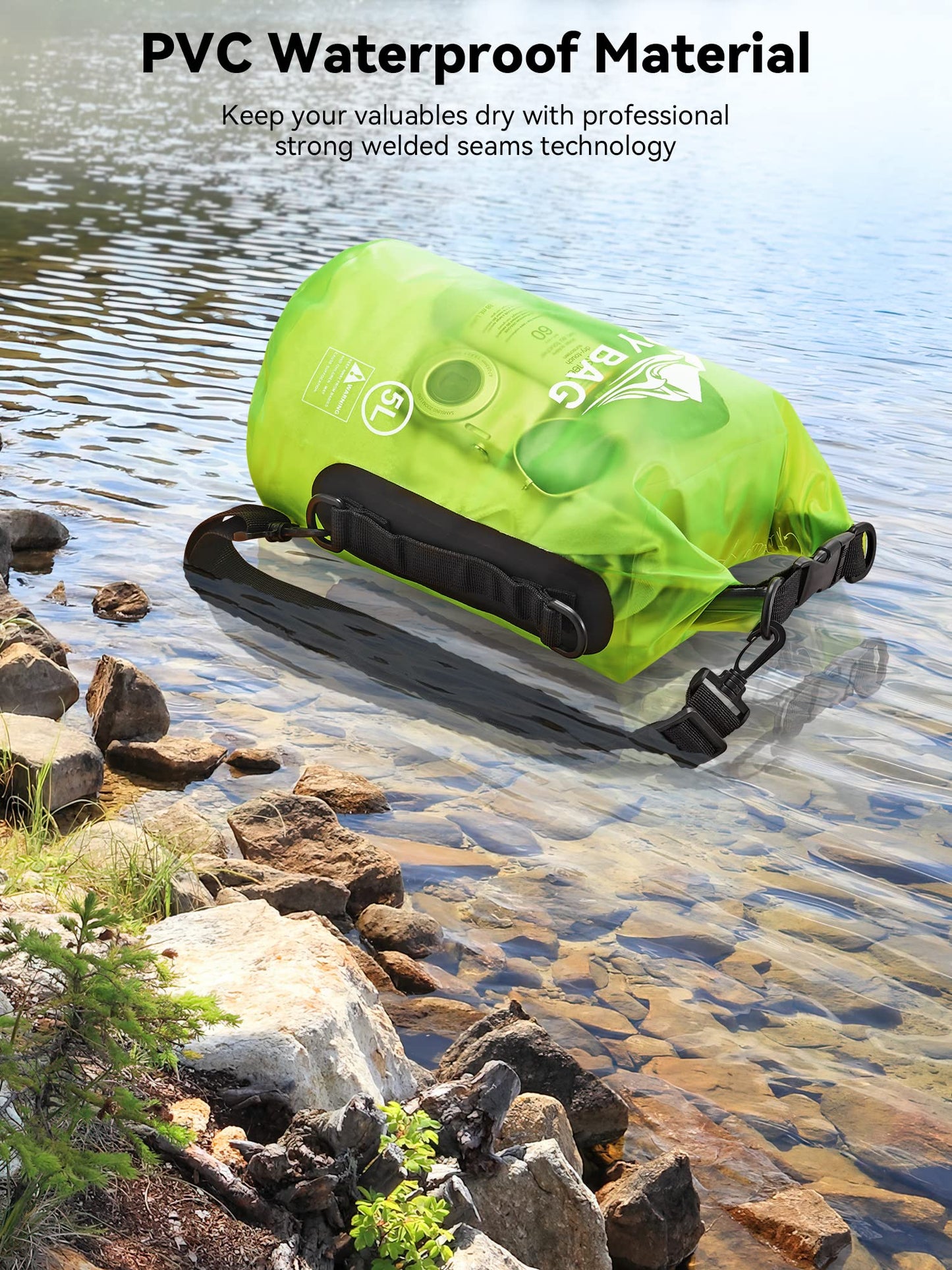 HEETA Dry Bag Waterproof for Women Men, Roll Top Lightweight Dry Storage Bag Backpack with Phone Case for Travel Swimming Boating Kayaking Paddle Board Camping Beach Accessories (Lemon Green, 5L)