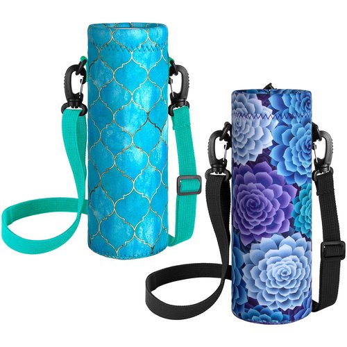 bvya 2 Pcs a Set Water Bottle Carrier, Printed Neoprene Portable Insulated Water Bottle Holder Bag 1000ML with Adjustable Shoulder Strap Fit Stainless Steel, Plastic Bottles & More