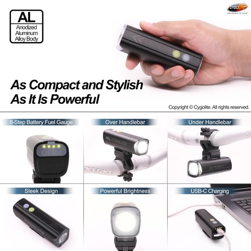 Cygolite Velocity Pro 1,600 Lumen Bicycle Light– Anodized Aluminum Alloy– 9 Light Modes– Fine Tunable Brightness- Compact, IP67 Waterproof– Secure Hard Mount– USB-C Recharge– Road & Mountain Bicycles