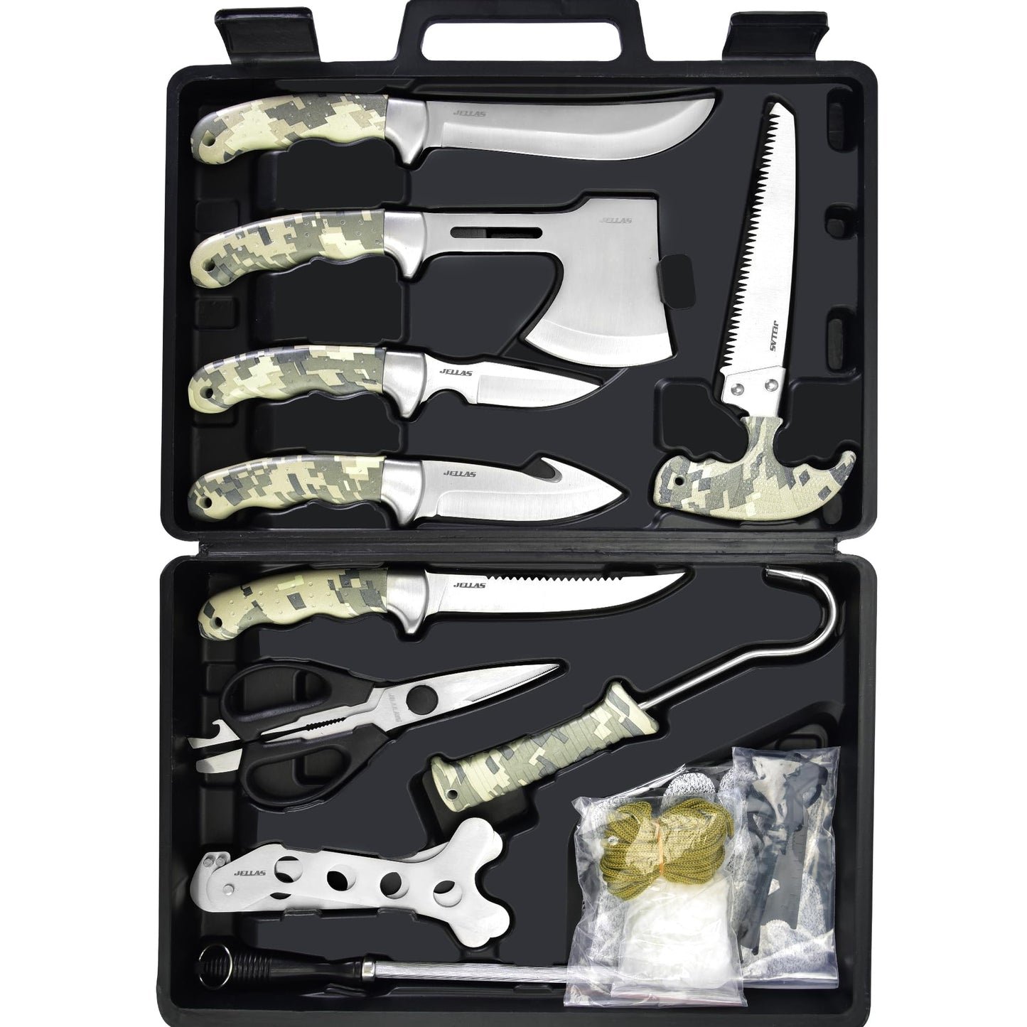 Jellas Professional 15-Piece Hunting & Outdoor Gear Set | Game Processing Kit with Field Dressing Tools, Bone Saw, Gut Hook, Fixed Blade, Boning, Skinning & Fillet Blades | Heavy-Duty Portable Case