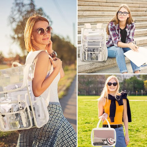 DIGOBAY Clear Backpack with Lunch Bag Set, Leather Clear Backpack Heavy Duty Thick PVC Bookbag Fashion See Through Transparent Backpacks with Support Pad for College Travel Work Beige