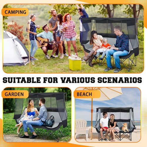 Teenyyou Oversized 3 Person Camping Chair with Canopy Shade Fully Padded Folding Camping Beach Lawn Chair for Summer Fall Outdoor Activities, Sturdy Loveseat with Cup Holder and Carry Bag(Black)