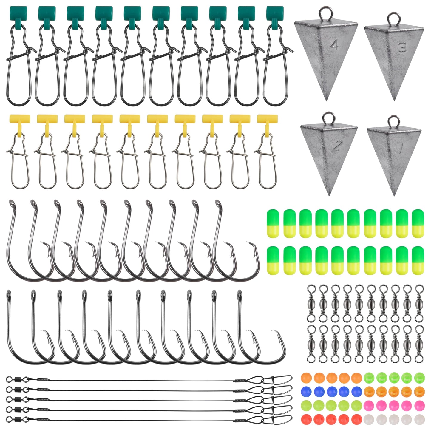 129pcs Surf Fishing Tackle Kit Fish Finder Rig Surf Fishing Rigs Include Pyramid Sinker Weights Sinker Slider Wire Leaders Hooks Swivels Beads Foam Floats Saltwater Fishing Accessories