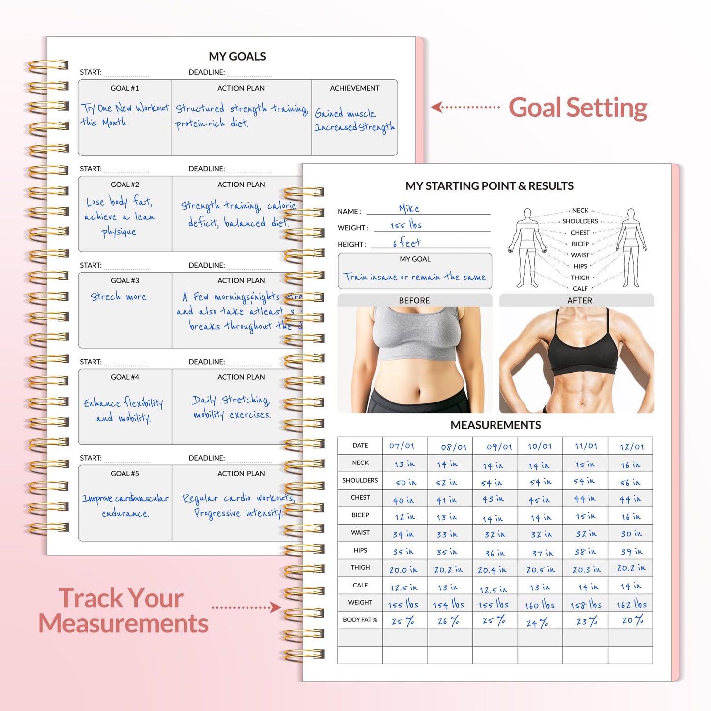 Fitness Journal Workout Planner for Women & Men, A5 (6.4" x 8.3") Workout Journal Log Book Planner Gift for Track Gym Essentials, Home Workouts, Track Progress, Achieve Wellness Goals, Pink