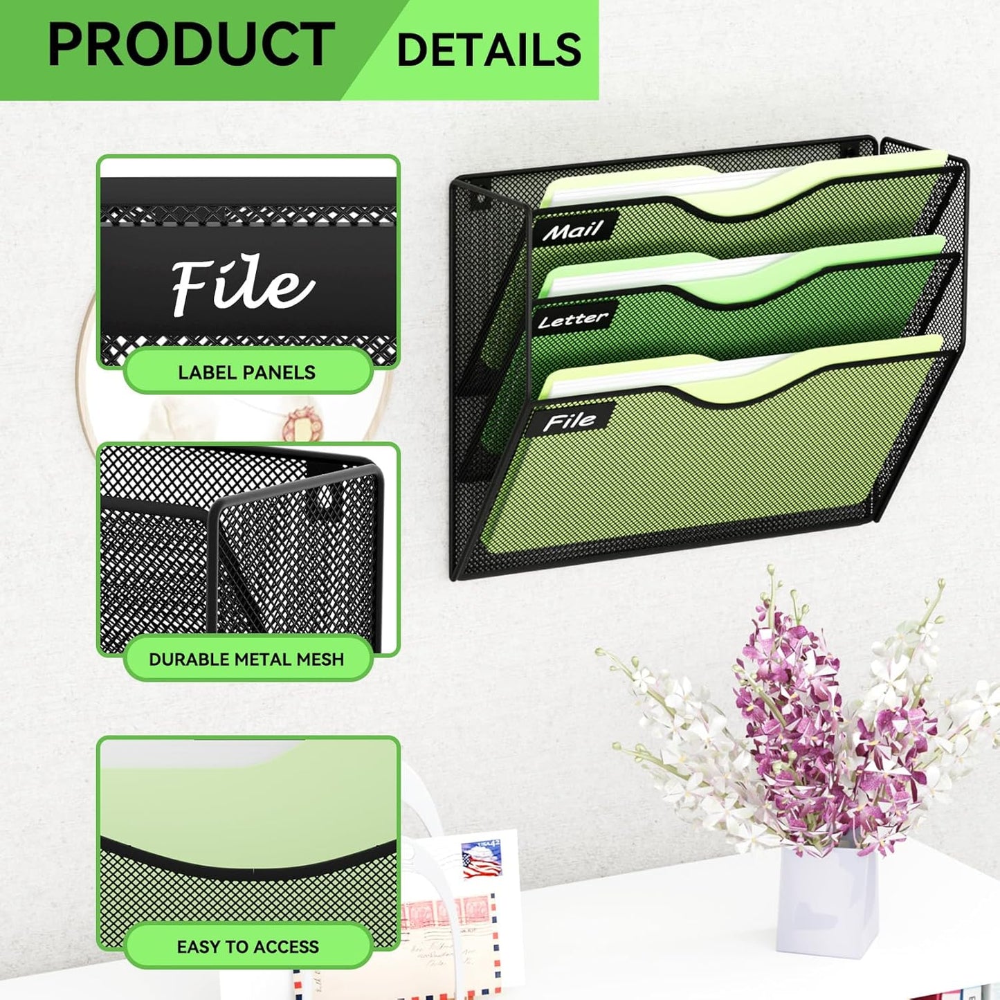 5 Pockets Mesh Hanging Wall File Holder Organizer Wall Mounted Paper Magazine Rack, Black