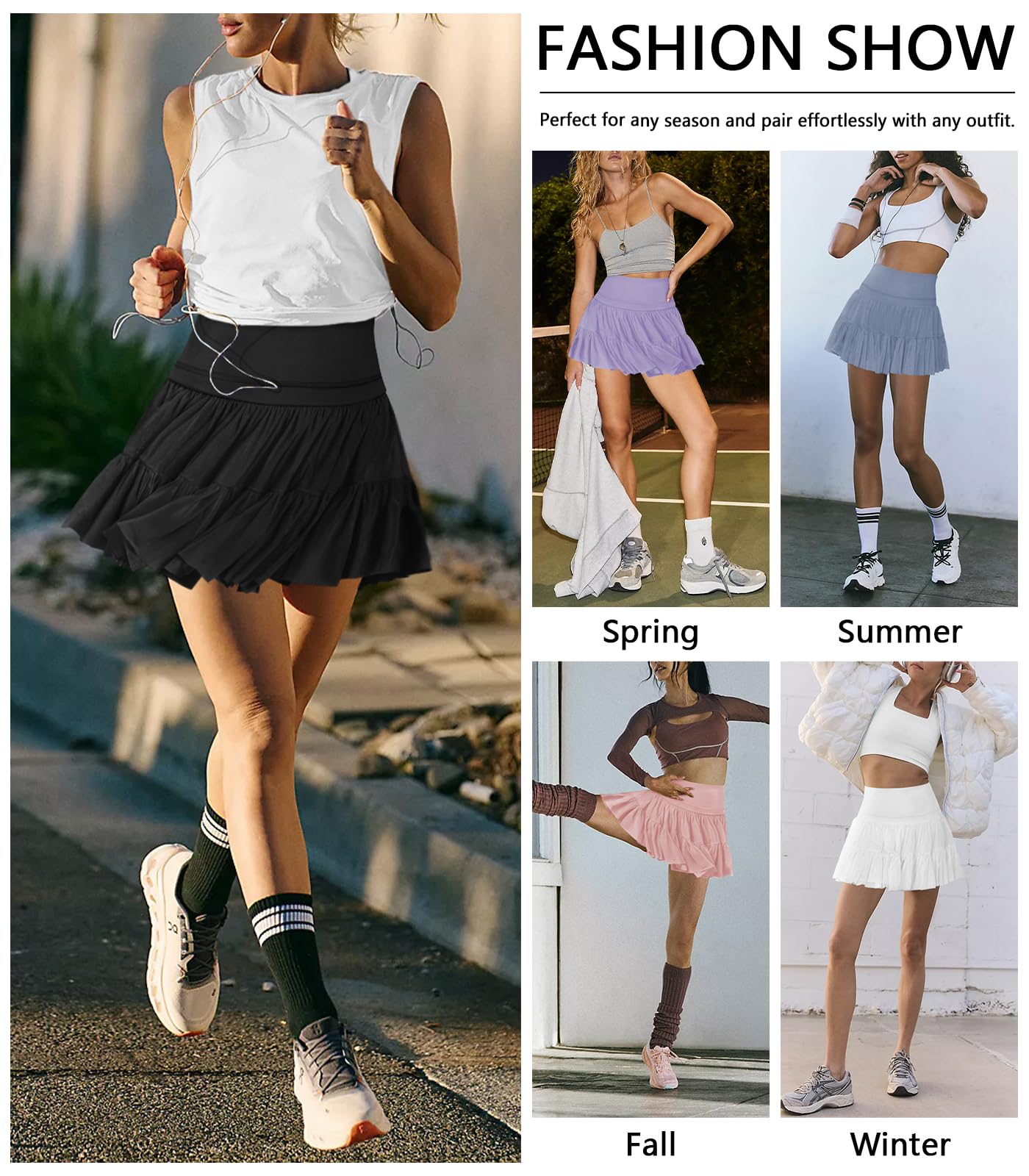 Hragc Women's Mini Black Skirt Skort Flowy Pleated High Waisted Ruffle Medium Tennis Skirts for Women Athletic Skater Golf with Shorts Pockets