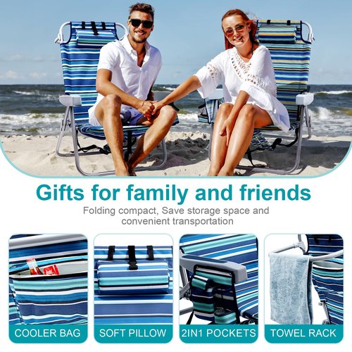 Yestomo Beach Chairs for Adults Heavy Duty, Compact Portable Lay Flat Folding Chair with Backpack Straps and Large Cooler Pouch, Support to 350LBS (Stripes_Blue&Cyan)