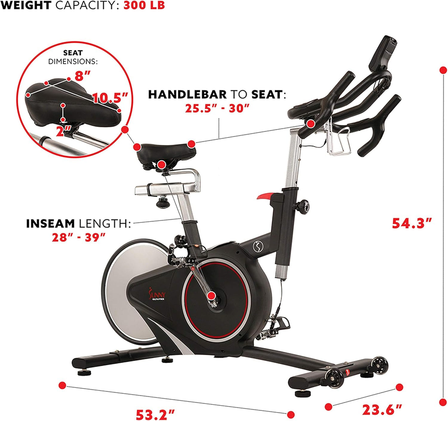 Sunny Health & Fitness Indoor Intensive Cycling Exercise Bike, Adjustable Cardio Training Exerciser w/Emergency Brake for Home, Optional Free SunnyFit App Bluetooth Link + Electromagnetic Resistance