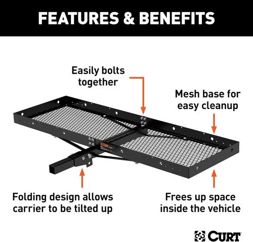 CURT 60x20-Inch Hitch Cargo Carrier - 500 lbs Capacity, Black Steel, 2-in Folding Shank