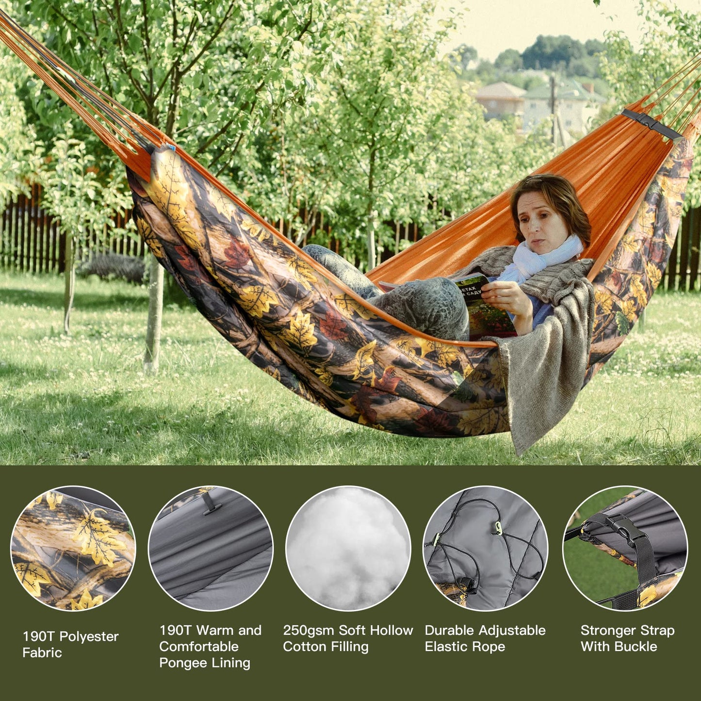 Night Cat Hammock Underquilts Sleeping Bag Single Insulated Under Blanket for Hammock 4 Seasons Lightweight Soft Warm 5-20℃ 8x3.6ft Camouflage