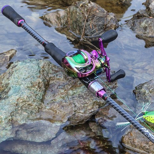 Sougayilang Baitcasting Fishing Combos, Carbon&Glass Fiber Composite 2 Piece Fishing Rods with Casting Reel- 6'0"- Purple- Right Handed