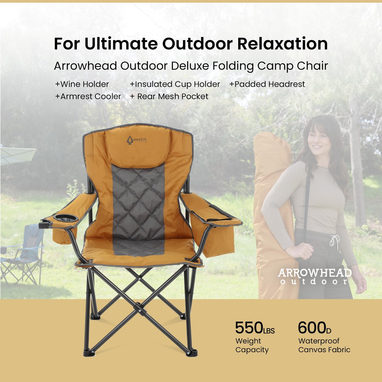 ARROWHEAD OUTDOOR Portable Deluxe Folding Camp Quad Chair w/Headrest, Glass & Cup Holders, Armest 6-can Cooler, Heavy Duty Carry Bag, 550 lbs Weight Capacity