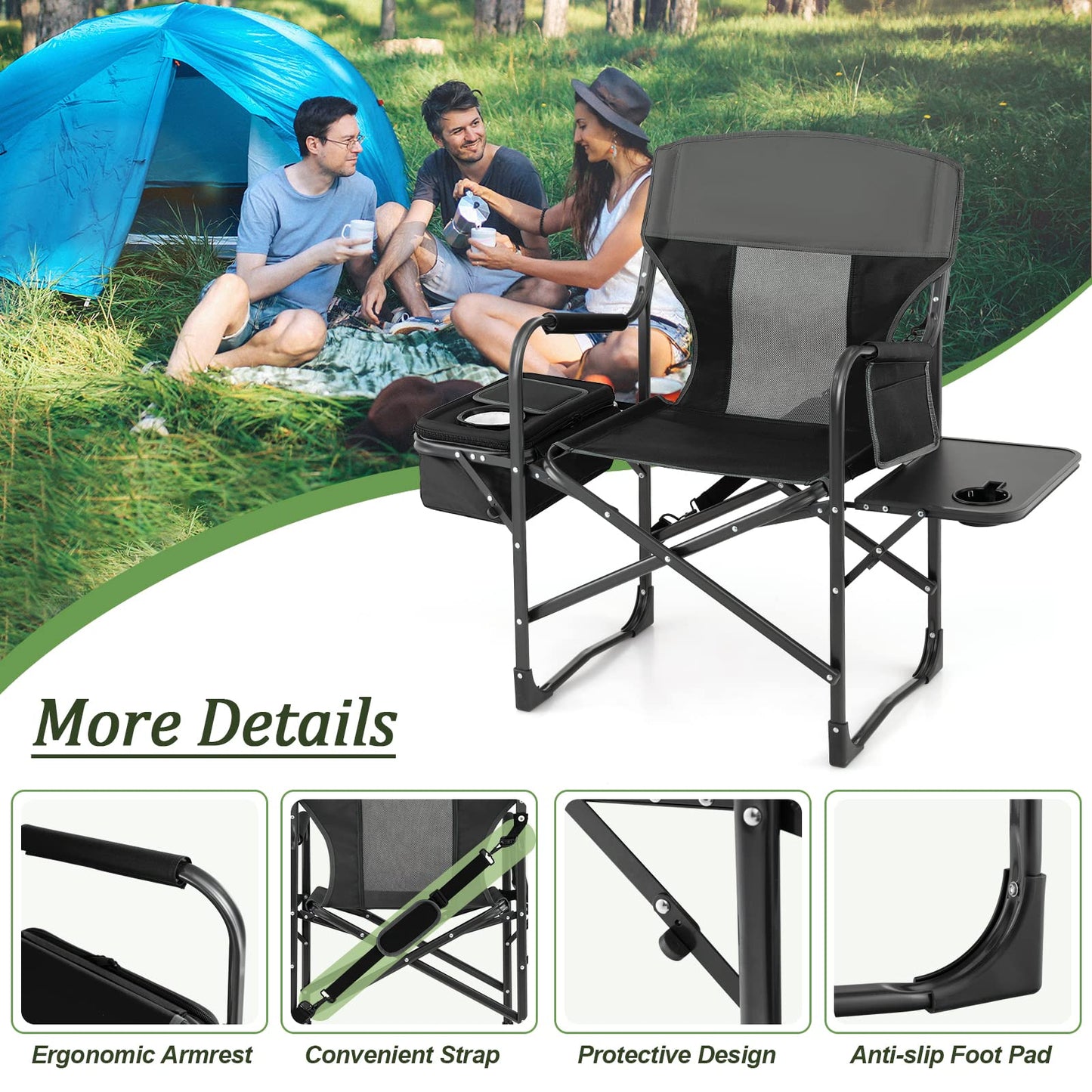 Giantex Camping Chair with Side Table, Storage Pocket, Cooler Bag, Shoulder Strap, Handle, Support 400 Lbs, Folding Directors Chair for Artist Makeup Lawn Fishing Picnic, Black
