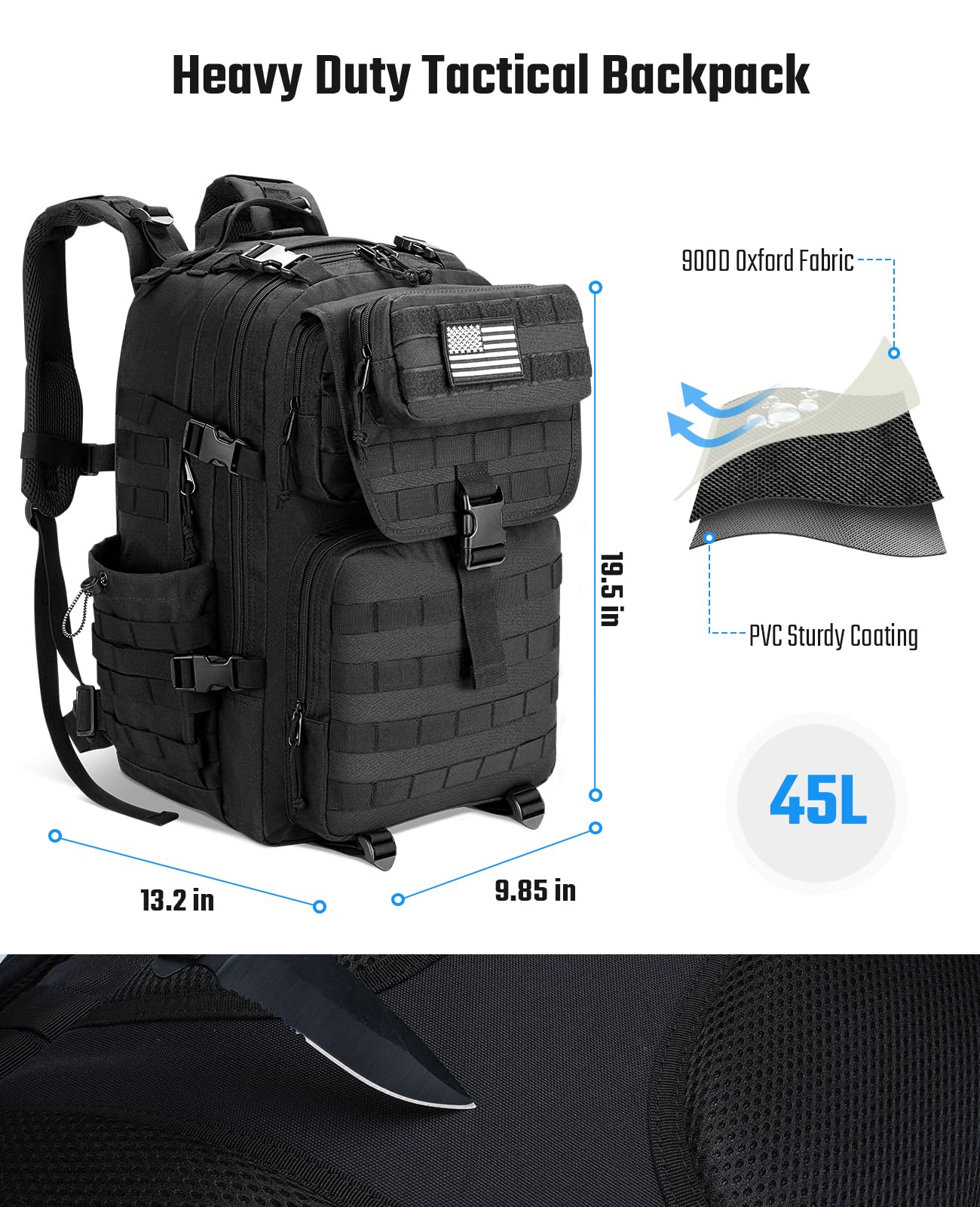 EZshoot Tactical Backpack, 45L Heavy Duty Military Backpack for Men, Army Molle 3 Days Assault Pack Bug Out Bag, Large Military Gear Travel Hiking Camping Sports Rucksack with Bottle Holder, Black