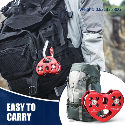 Zip Line Pulley 8-13mm Climbing Pulley Cable Rope Durable Aluminum Stainless Steel Roller Double Tandem Speed Dual Pulley 25KN for Backyard Zipline Hauling Rigging Mountaineering Rescue Climbing Gear