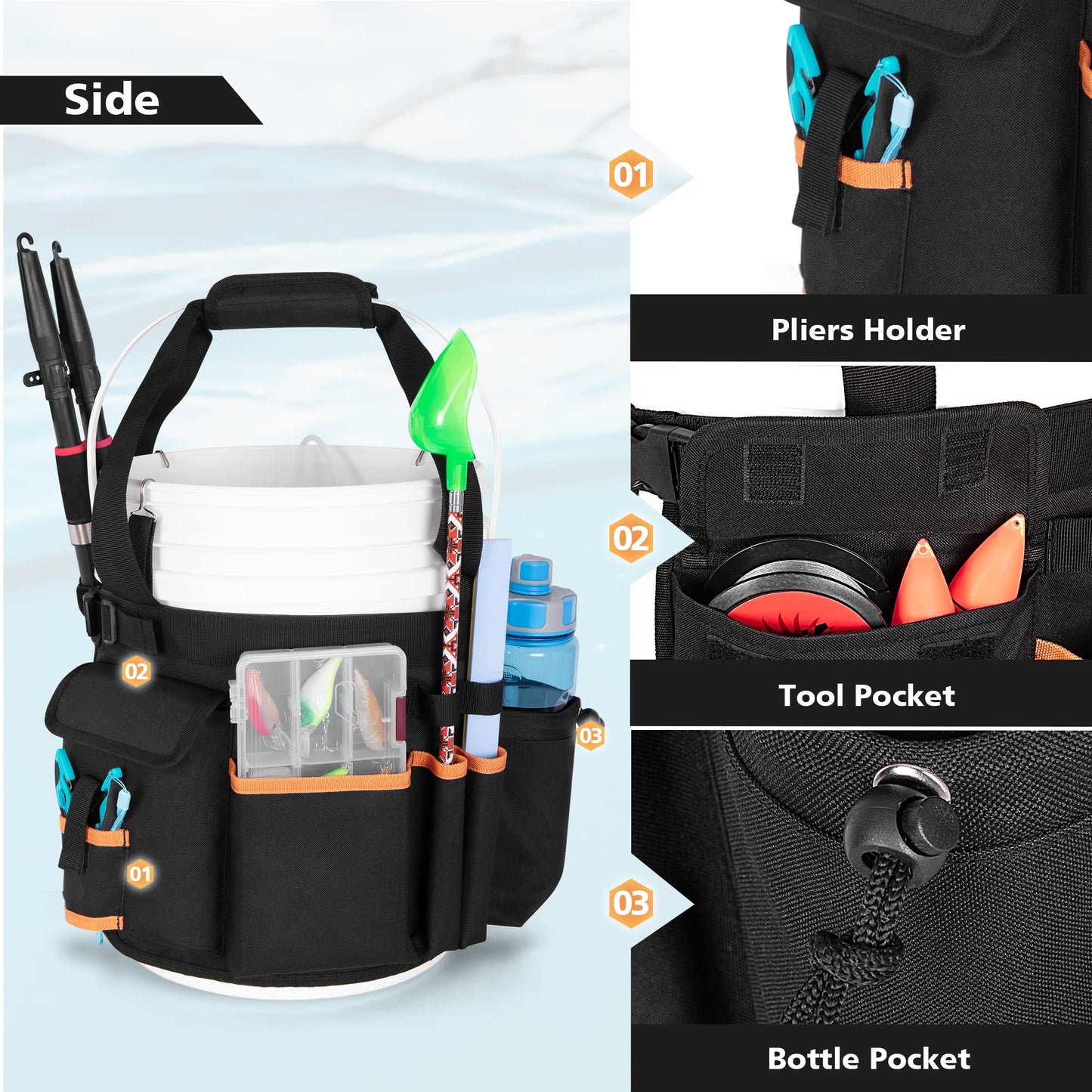 GOBUROS Fishing Bucket Organizer for 5 Gallon Bucket with Adjustable Buckle, Rod and Plier Holder and Multi-Pockets for Fishing Gear (Bucket not Included)