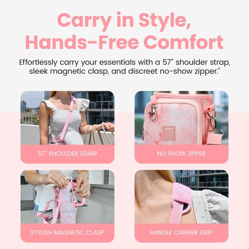 Made Easy Kit Tumbler Cup Carrier w/Handle Opening for 40oz Bottles - Cell Phone Sized Pocket & Adjustable Padded Shoulder Strap - Metal Hardware, Key Hook (Pink Marble, Tall Large)