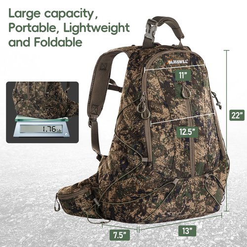 BLISSWILL Hunting Backpack with hunting seat,Lightweight Hiking Daypack,Hunting Accessories ，Camping Camouflage Bag with Rain Cover – Perfect for Hunts and Outdoor Adventures(AllSeasons Camo)