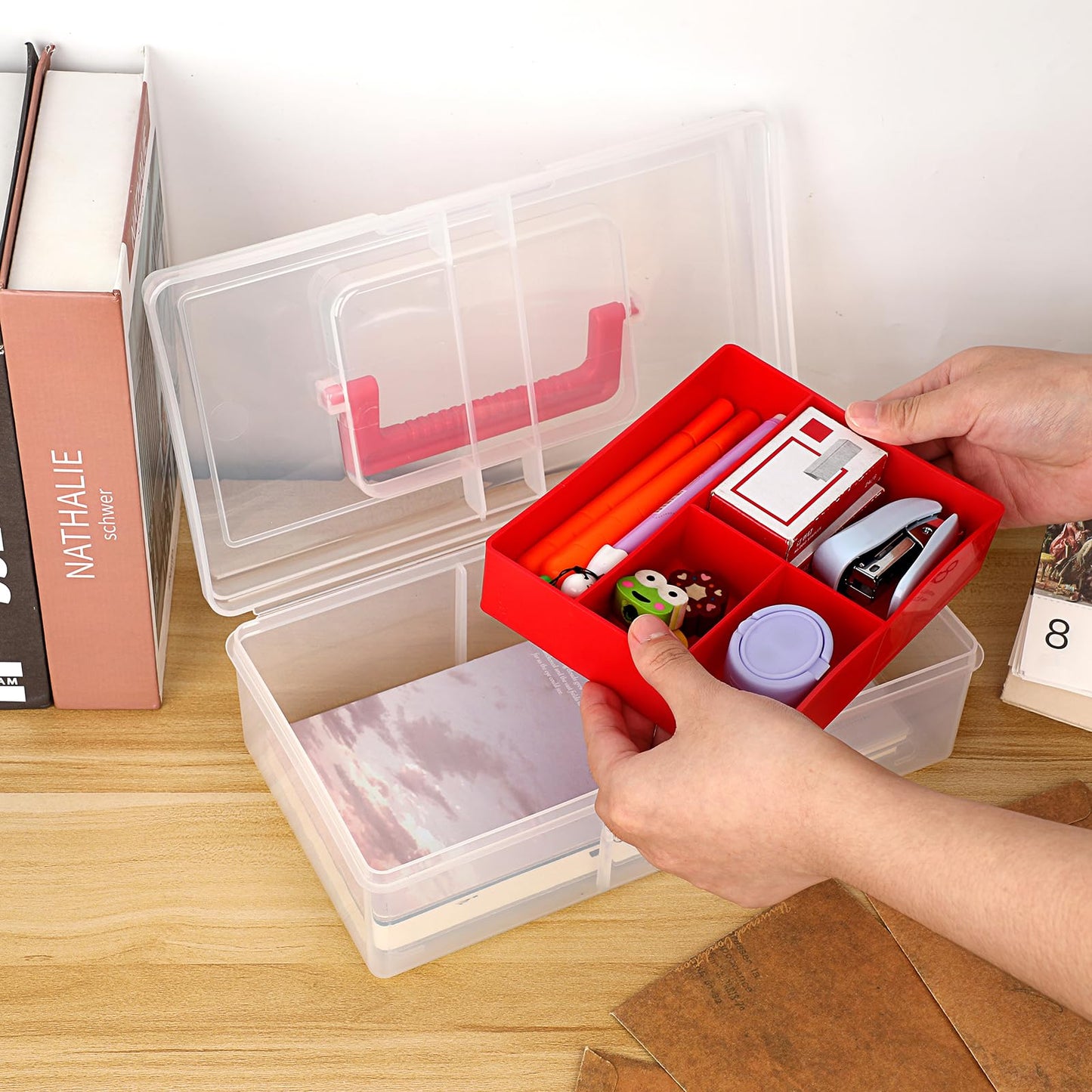 JUXYES Plastic Fishing Tackle Box Organizer with Removable Dividers, Clear Fishing Tackle Storage Boxes with Handle, 2 Layer Fishing Tackle Tray Box Lure Box, Red