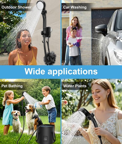 WADEO Portable Shower for Camping, Outdoor Electric Shower Rechargeable Pump with 20L Collapsible Bucket, Camping Shower Head Nozzle for Camping, Hiking, Traveling, Washing