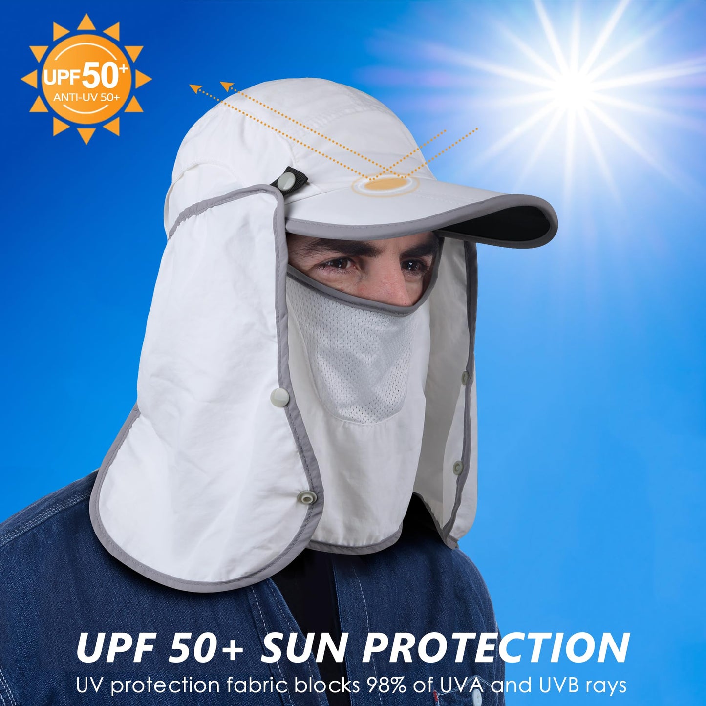 GADIEMKENSD Foldable Fishing Sun Hat with Neck Flap Face Cover Sun Protection Cool Baseball Cap Adjustment Covering Removable Legion Hat for Fishing Gardening Hiking Golf White
