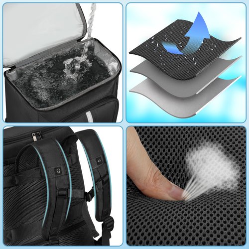 Backpack Cooler Insulated Leak Proof 35 Cans, 2 Insulated Compartments Thermal Bag, Portable Lightweight Beach Travel Camping Lunch Backpack for Men and Women, 30L, Reflective Stripes, Water Resistant