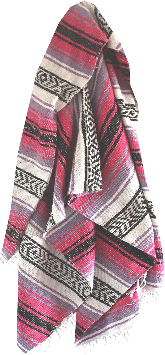 Authentic Del Mex Large Mexican Blanket - Woven Falsa Throw (70"x50") for Beach, Yoga & Outdoor Decor - Pink/Tan