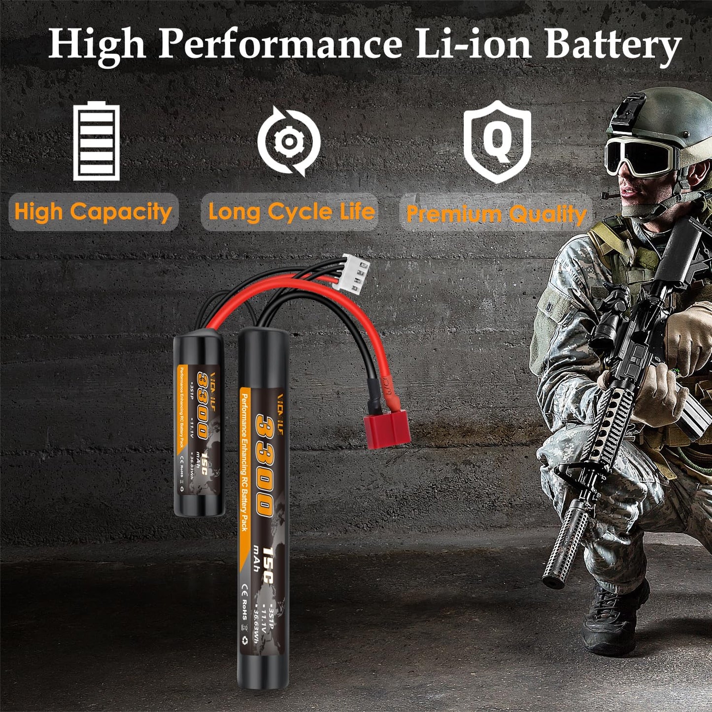VICMILE 3300mAh Airsoft Battery 11.1V Nunchuck Battery with Dean-Style T Plug and Mini Tamiya Cable 3S Rechargeable Stick Shape Butterfly Fit for aeG AK47 M4 MP5 and Most Airsoft Model Guns Rifles