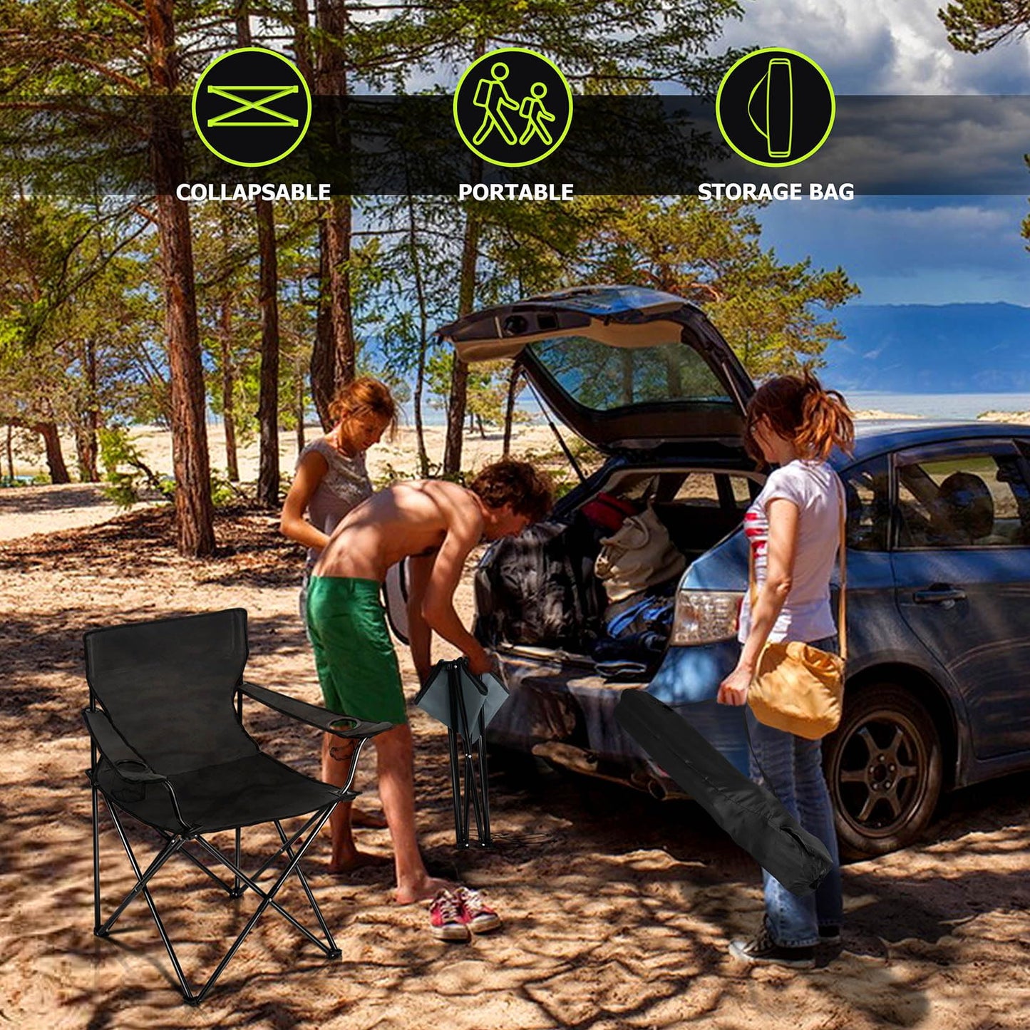 Joyfair Camping Chairs & Table Set(2 Chairs + 1 Table), Heavy Duty Portable Outdoor Lawn Large Folding Chair for Adults, Ideal for Backpacking Fishing Hiking, Carry Bag & Cup Holder (Black Chair)