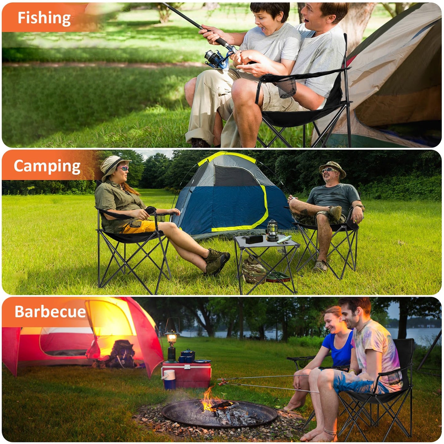 Leonyo 2 Pack Camping Chairs for Adults, Lawn Chairs with Table, Heavy Duty Folding Chairs for Outside Oversized & Comfy Sports Chair for Adults Fishing, Beach, Patio, Hiking, Lawn, Travel - Black