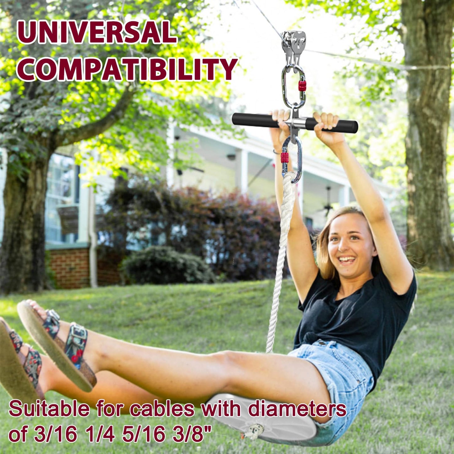 Fologtoo Zipline Pulley, Heavy Duty 304 Stainless Steel Zipline Trolley with Handle for 1/4" to 3/8" Cable, Tandem Speed Double Pulley for Backyard Zip Line, Hauling, Rigging and Commercial Purposes